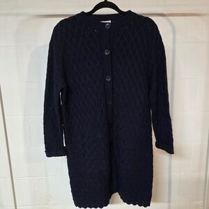 Vintage Wool Sidney Gould Navy Blue‎ Cable Knit Button Long Cardigan Sweater XL